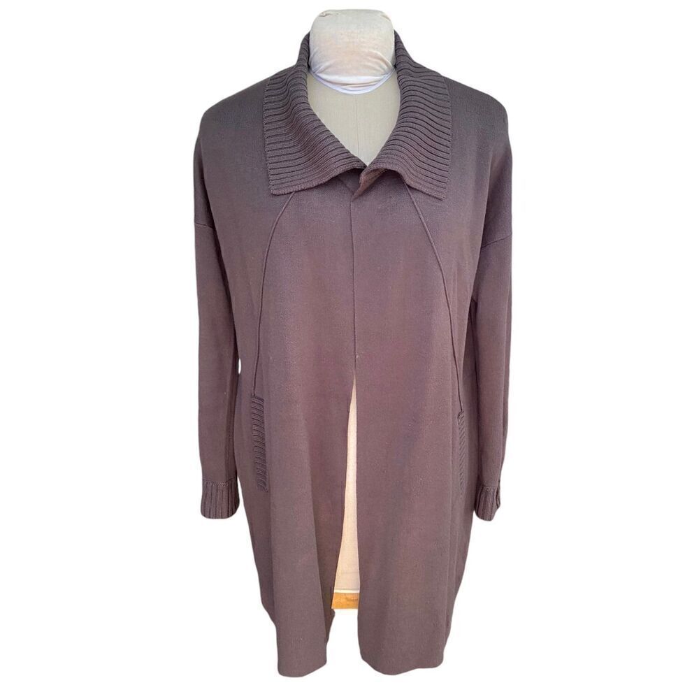 M. Rena Long Open Cardigan Chocolate Brown Zip Cuffs Chunky Cozy